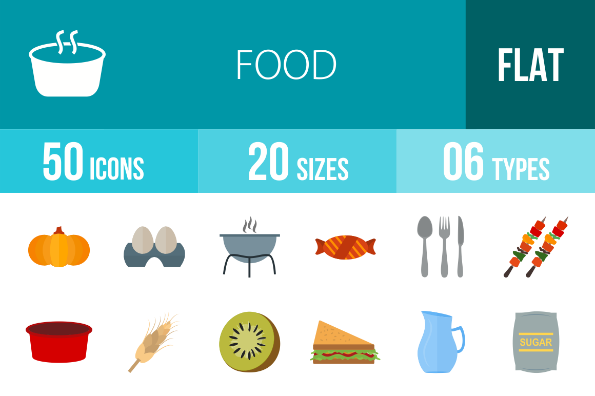 50 Food Flat Multicolor Icons - Overview - IconBunny