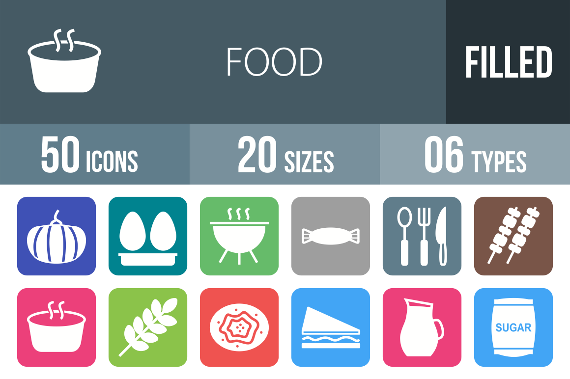 50 Food Flat Round Corner Icons - Overview - IconBunny
