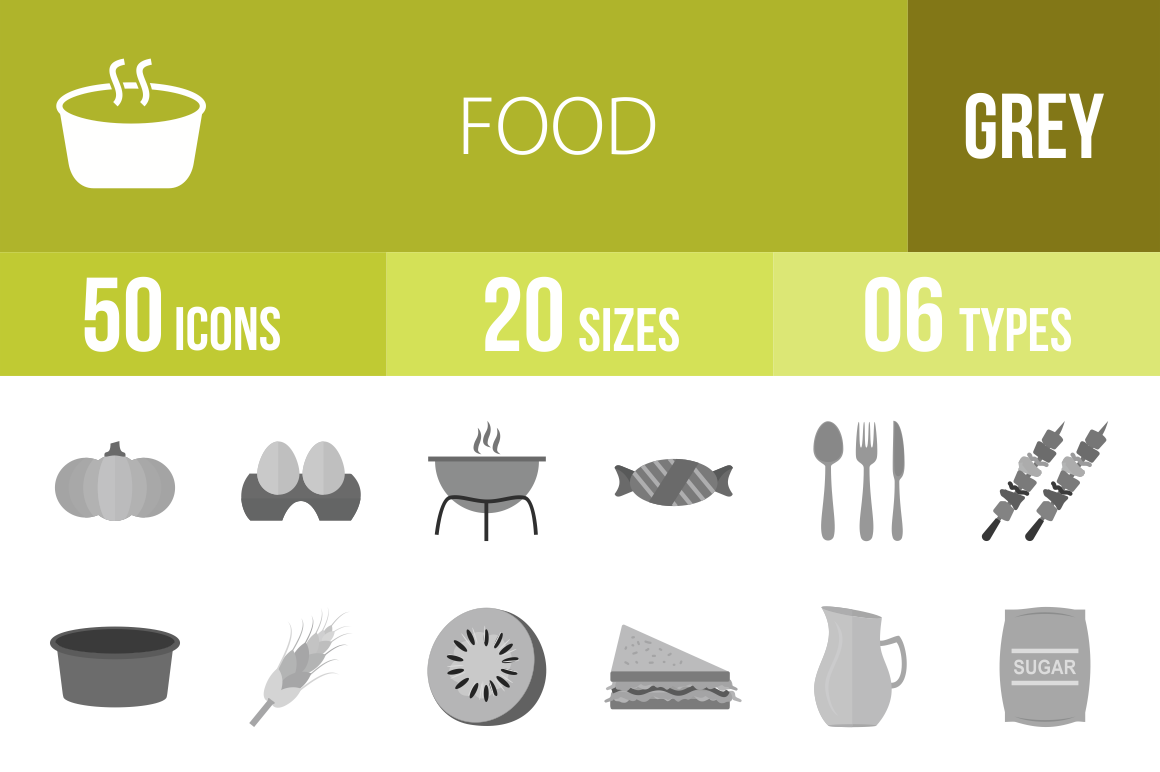 50 Food Greyscale Icons - Overview - IconBunny