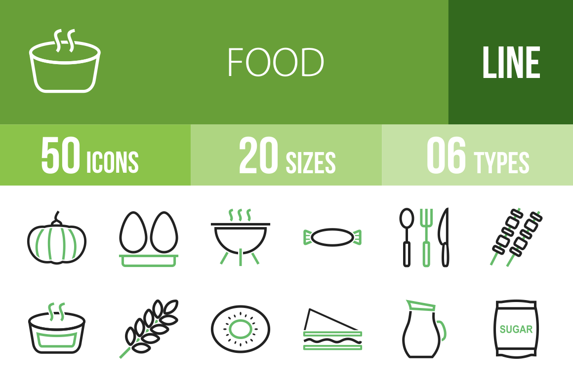 50 Food Line Green & Black Icons - Overview - IconBunny