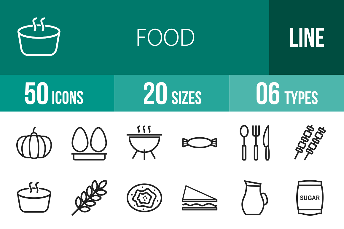 50 Food Line Icons - Overview - IconBunny
