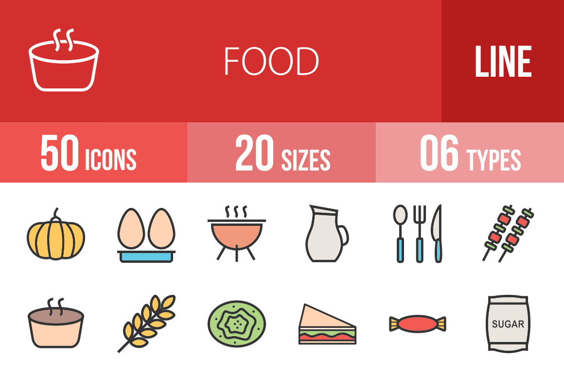 50 Food Line Multicolor Filled Icons - Overview - IconBunny