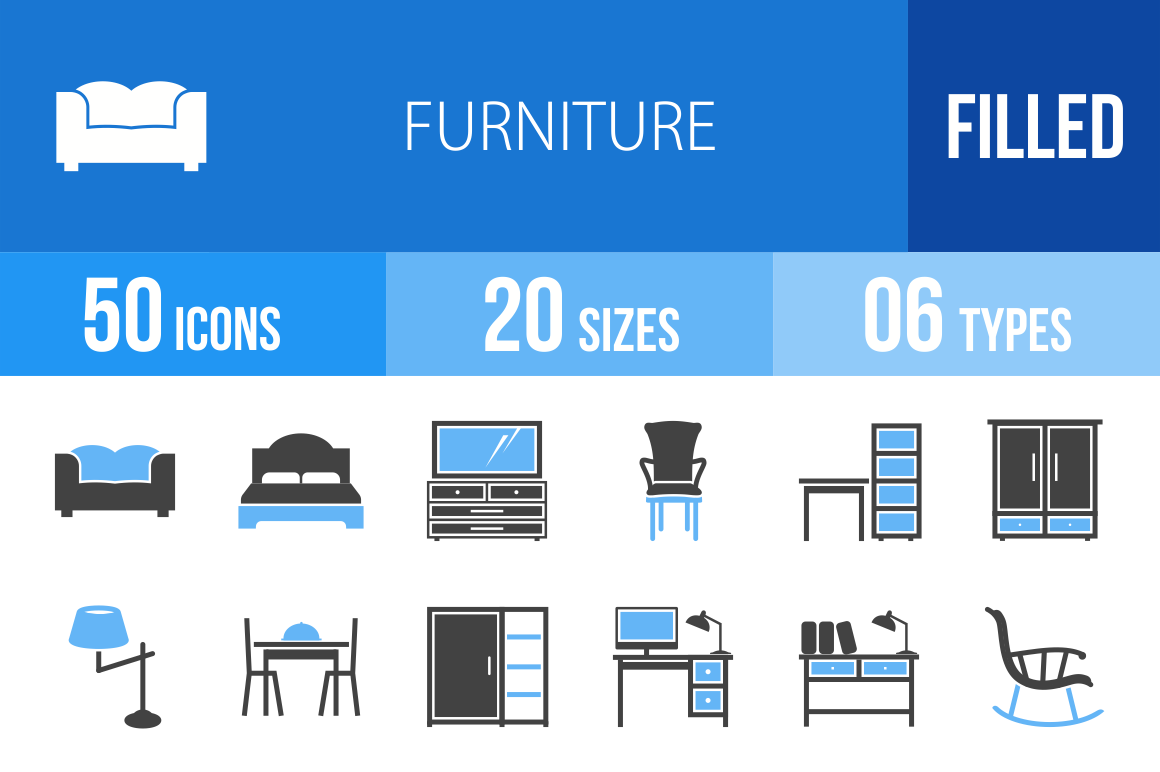 50 Furniture Blue & Black Icons - Overview - IconBunny