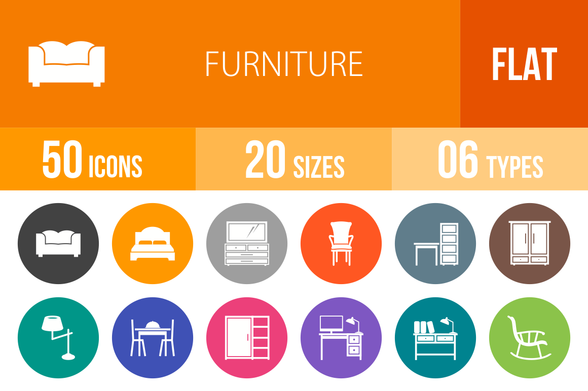 50 Furniture Flat Round Icons - Overview - IconBunny