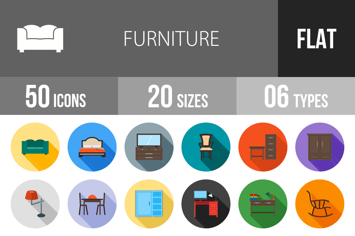 50 Furniture Flat Shadowed Icons - Overview - IconBunny