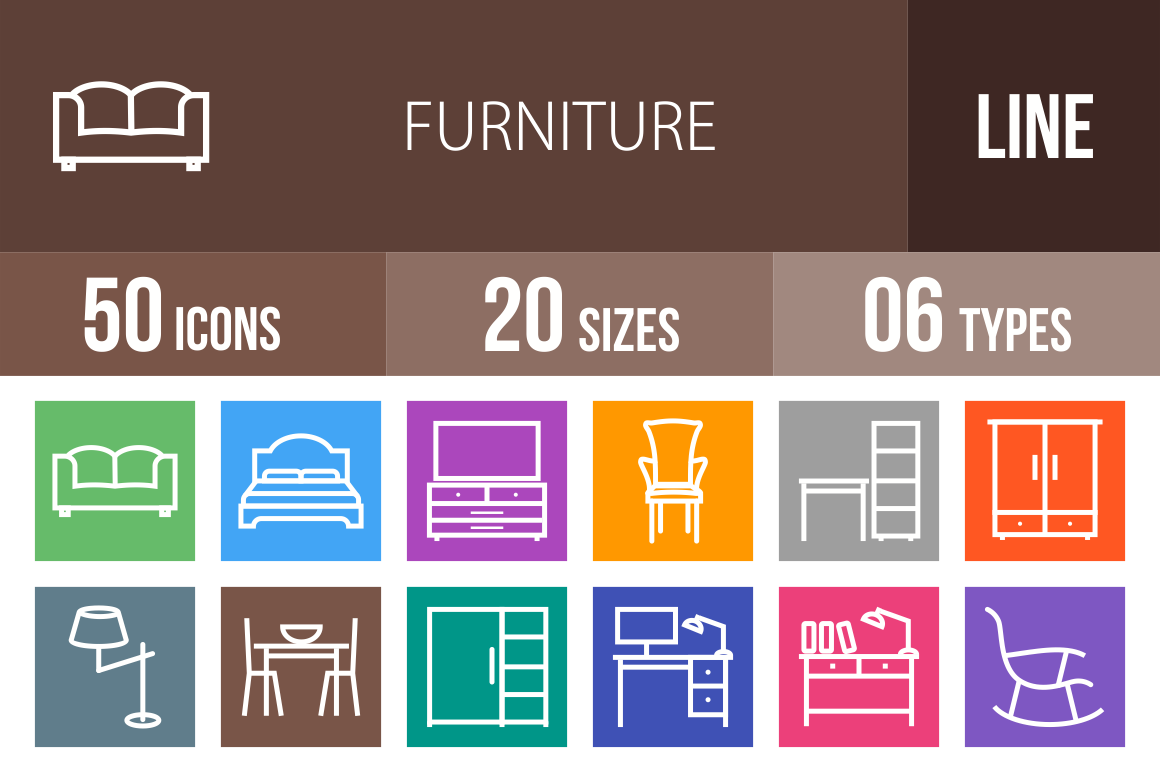 50 Furniture Line Multicolor B/G Icons - Overview - IconBunny