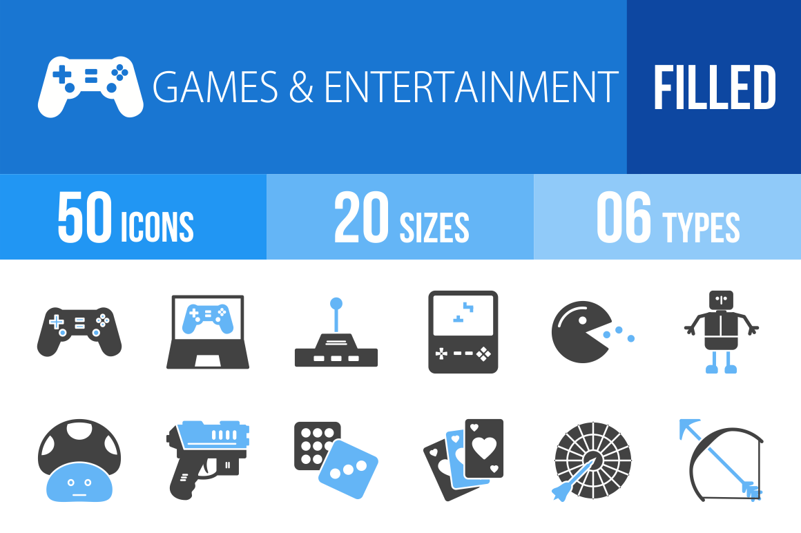 50 Games & Entertainment Blue Black Icons - Overview - IconBunny