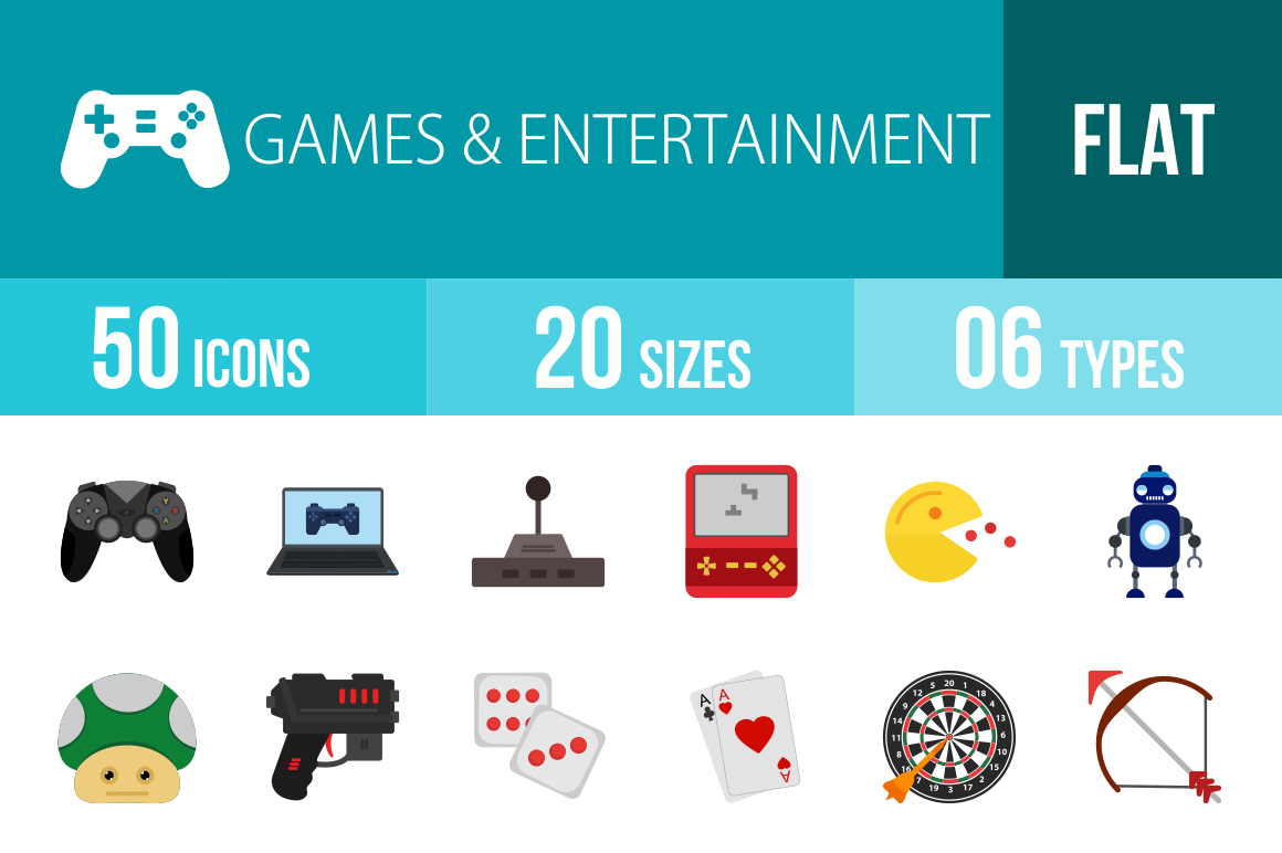 50 Games & Entertainment Flat Multicolor Icons - Overview - IconBunny