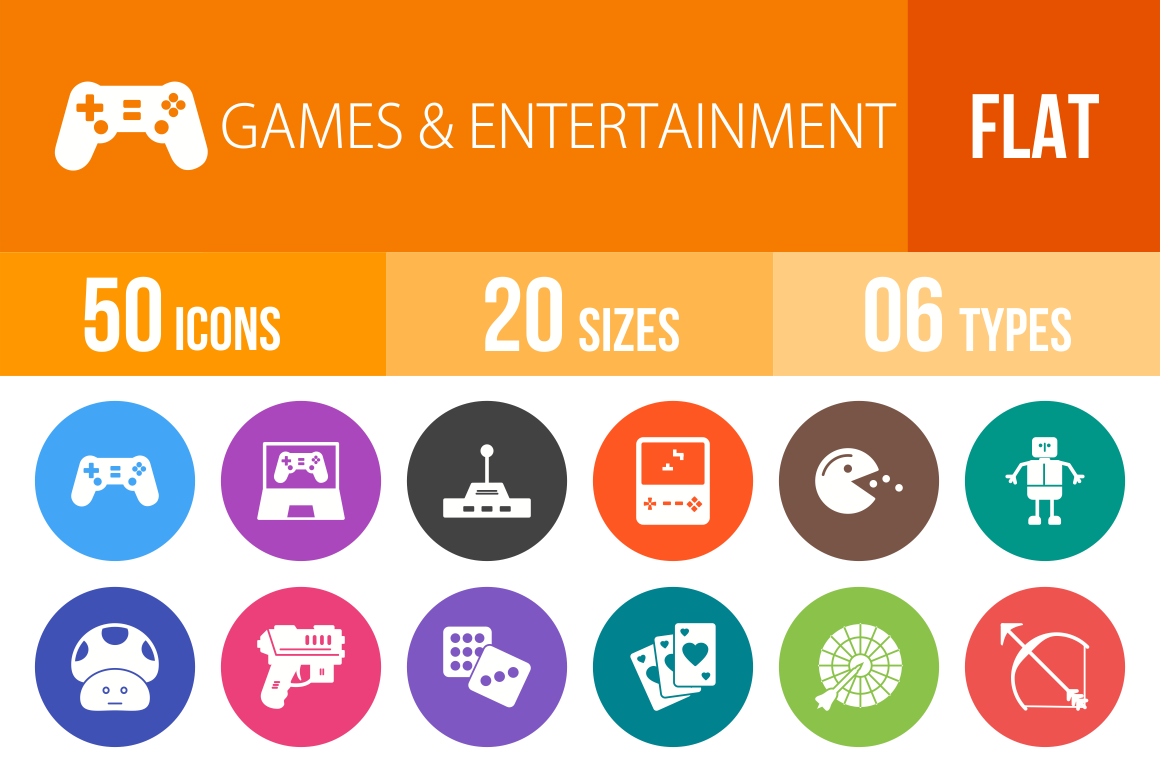 50 Games & Entertainment Flat Round Icons - Overview - IconBunny