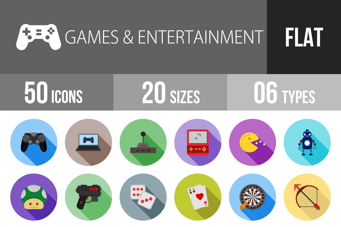 50 Games & Entertainment Flat Shadowed Icons - Overview - IconBunny