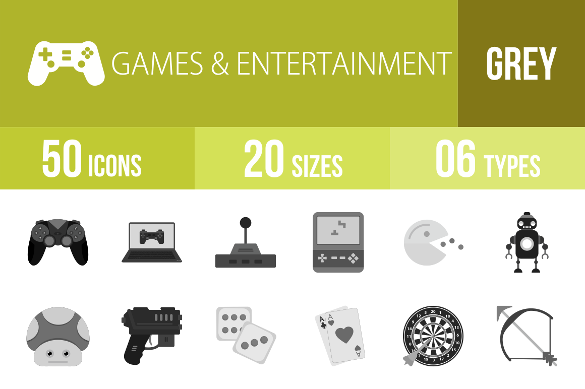 50 Games & Entertainment Greyscale Icons - Overview - IconBunny