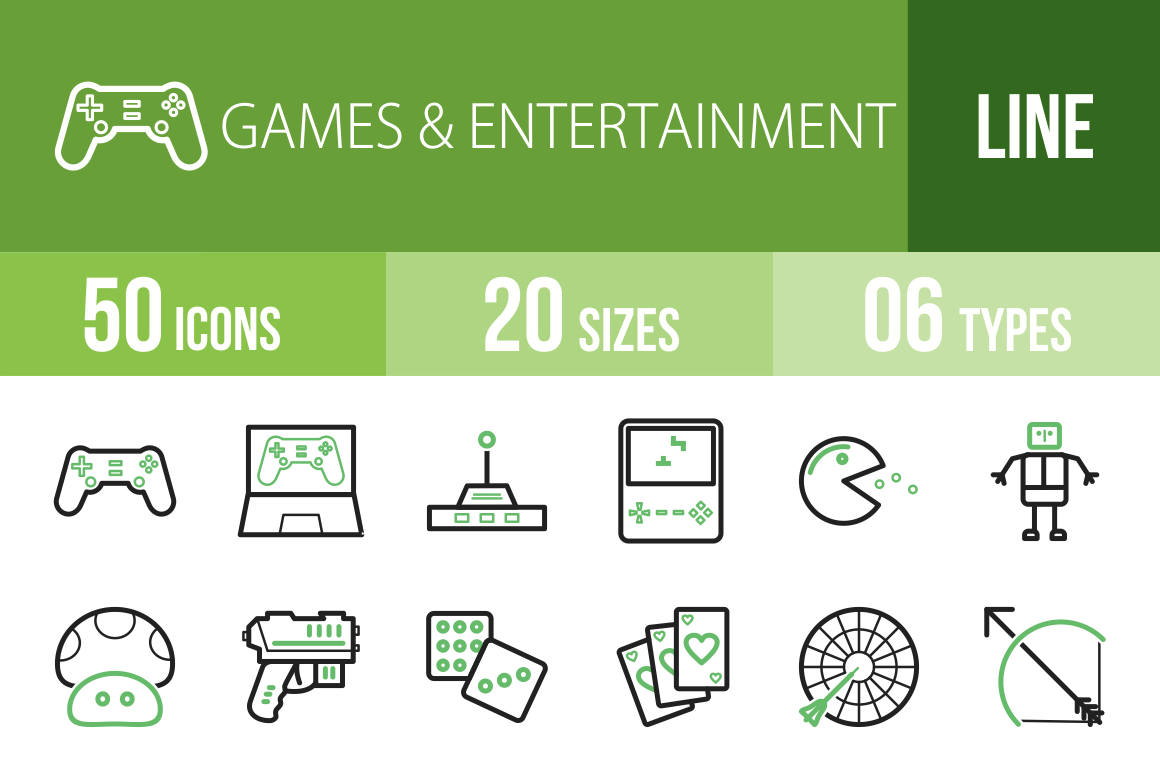 50 Games & Entertainment Line Green Black Icons - Overview - IconBunny