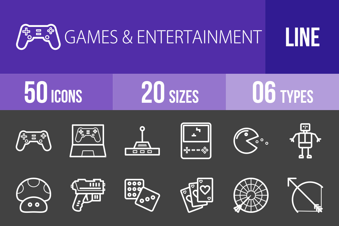 50 Games & Entertainment Line Inverted Icons - Overview - IconBunny