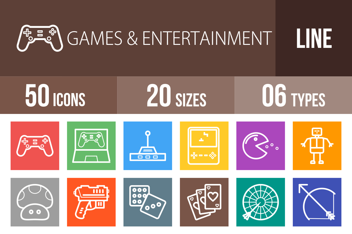 50 Games & Entertainment Line Multicolor B/G Icons - Overview - IconBunny