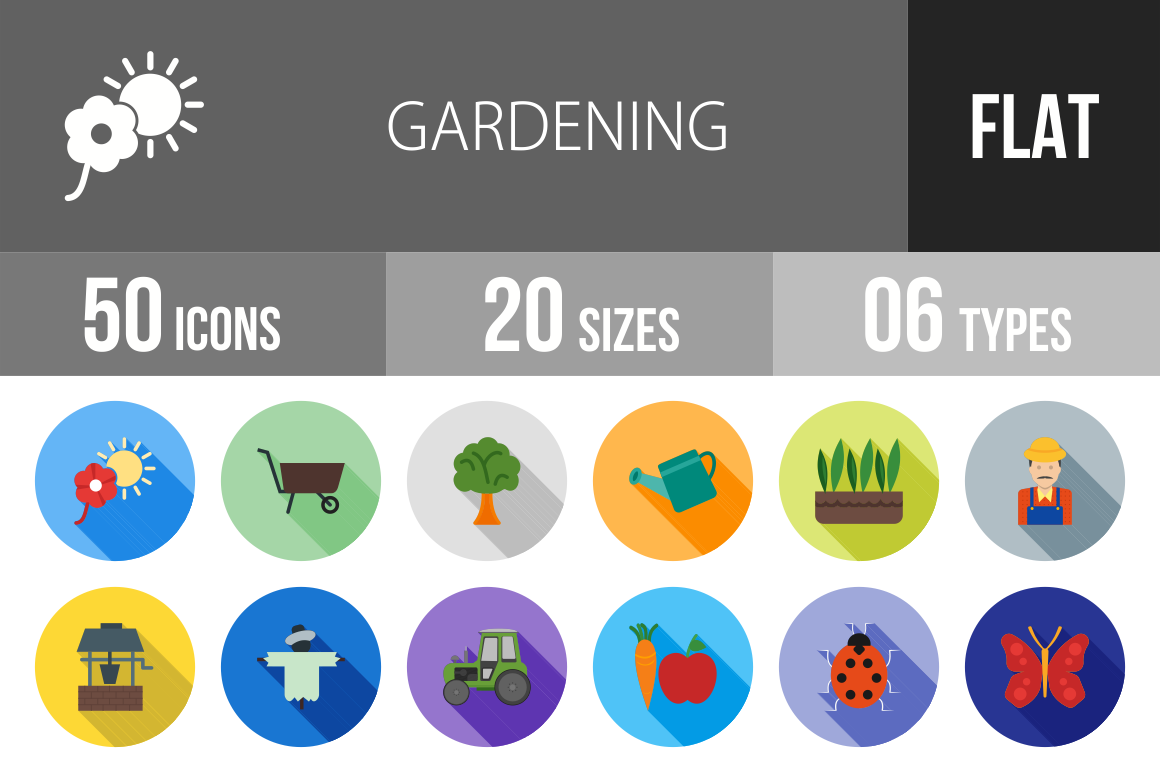 50 Gardening Flat Shadowed Icons - Overview - IconBunny