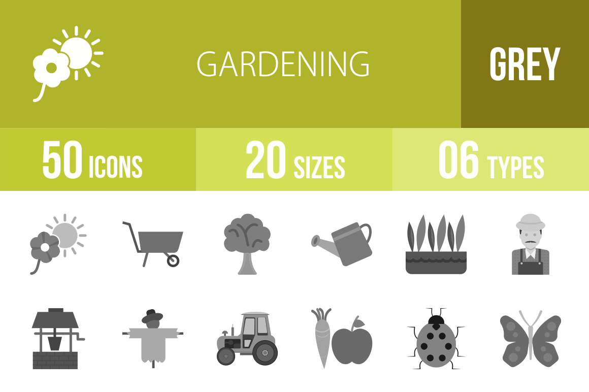 50 Gardening Greyscale Icons - Overview - IconBunny