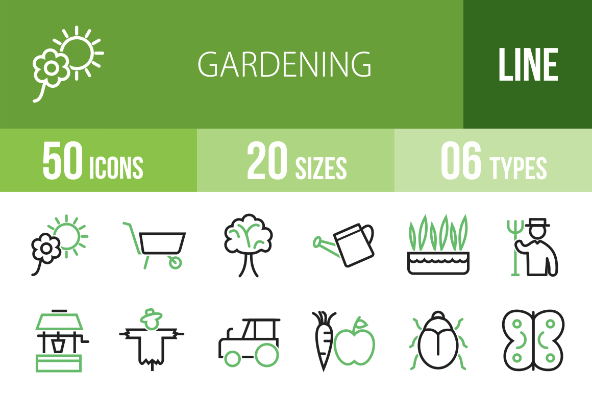 50 Gardening Line Green & Black Icons - Overview - IconBunny