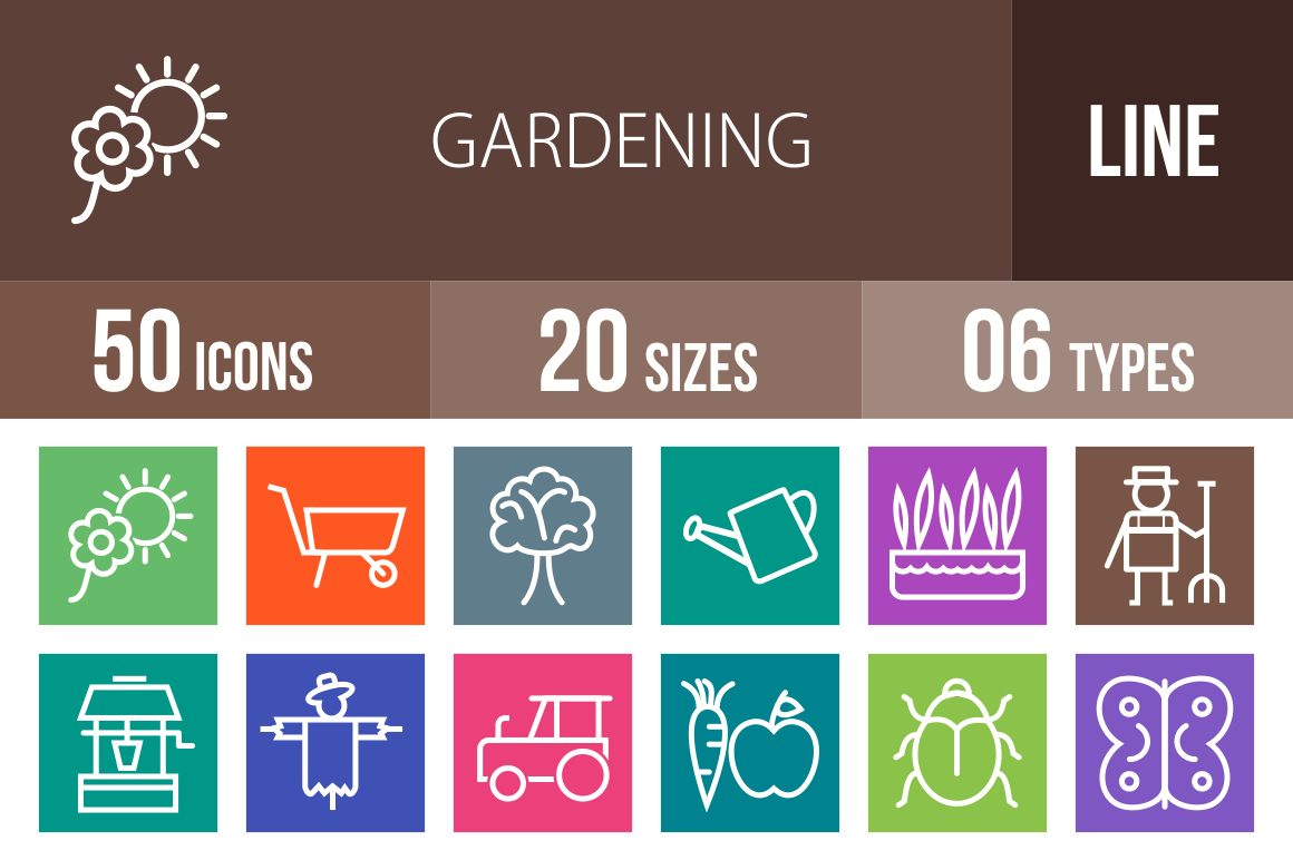 50 Gardening Line Multicolor B/G Icons - Overview - IconBunny