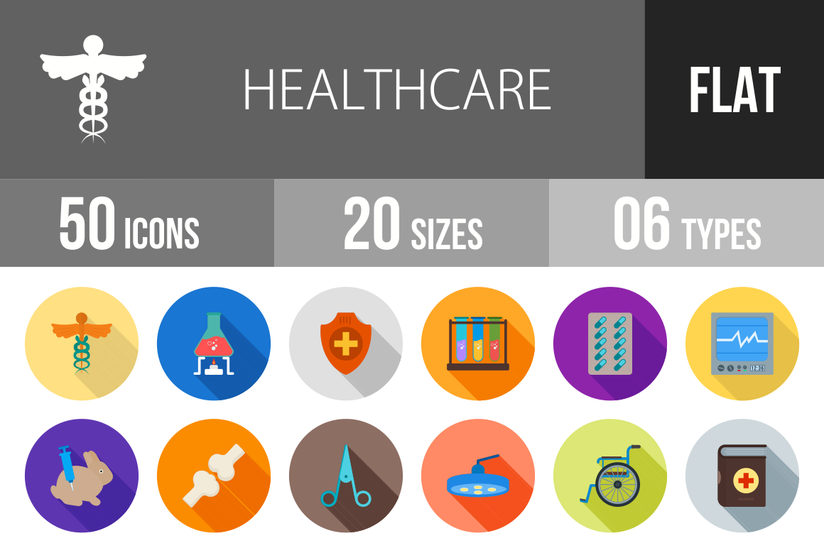 50 Healthcare Flat Shadowed Icons - Overview - IconBunny
