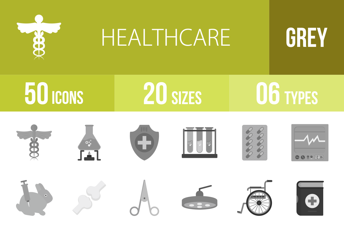 50 Healthcare Greyscale Icons - Overview - IconBunny