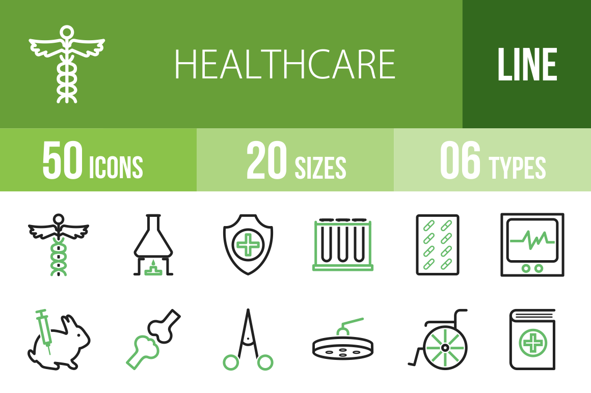 50 Healthcare Line Green & Black Icons - Overview - IconBunny