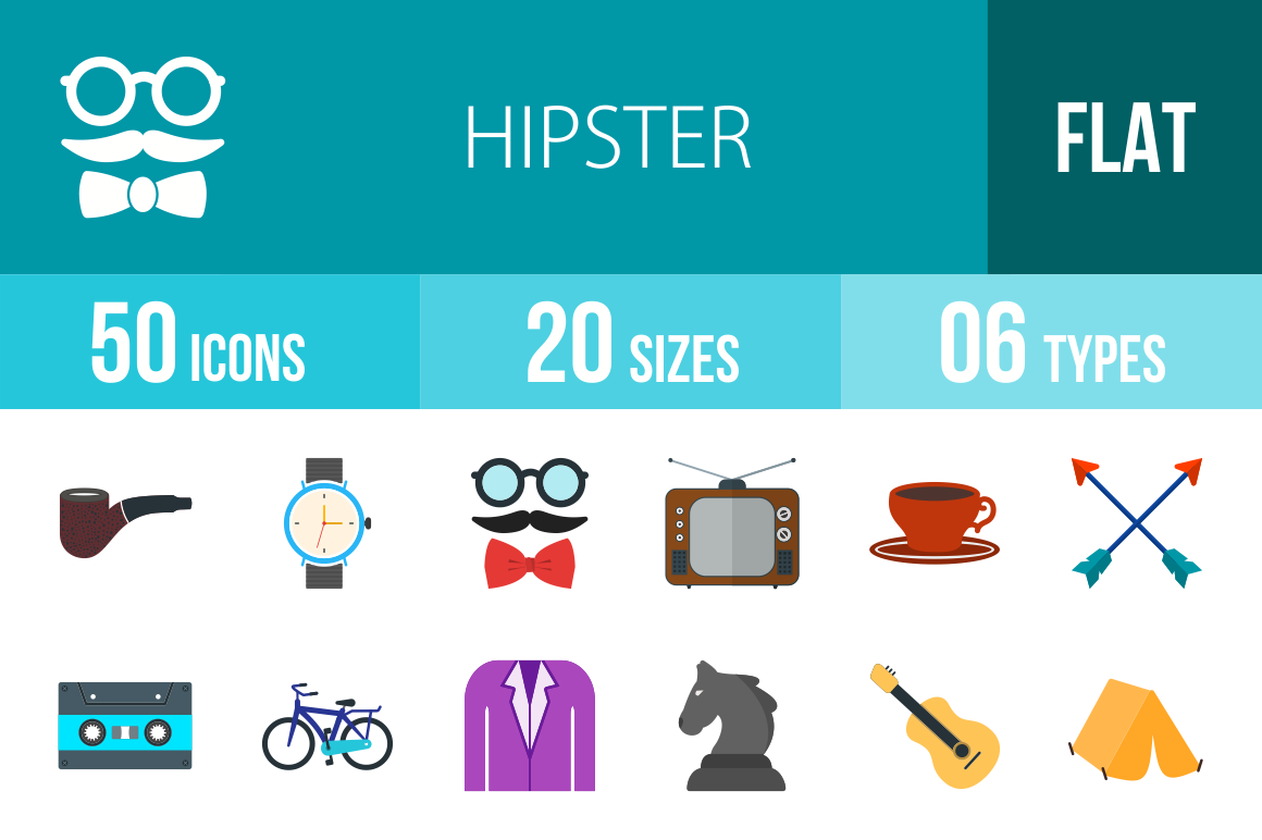 50 Hipster Flat Multicolor Icons - Overview - IconBunny