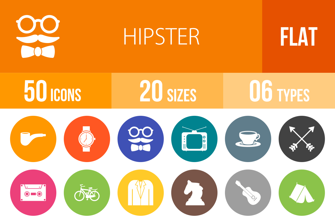 50 Hipster Flat Round Icons - Overview - IconBunny