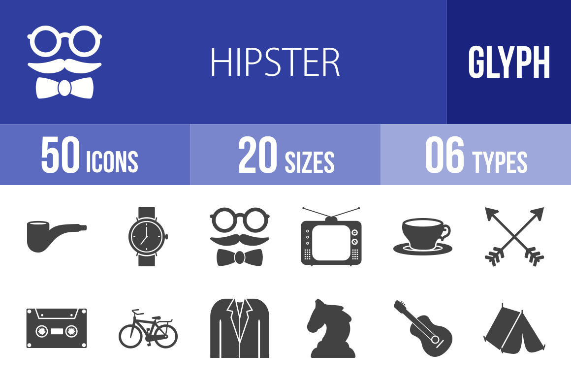 50 Hipster Glyph Icons - Overview - IconBunny