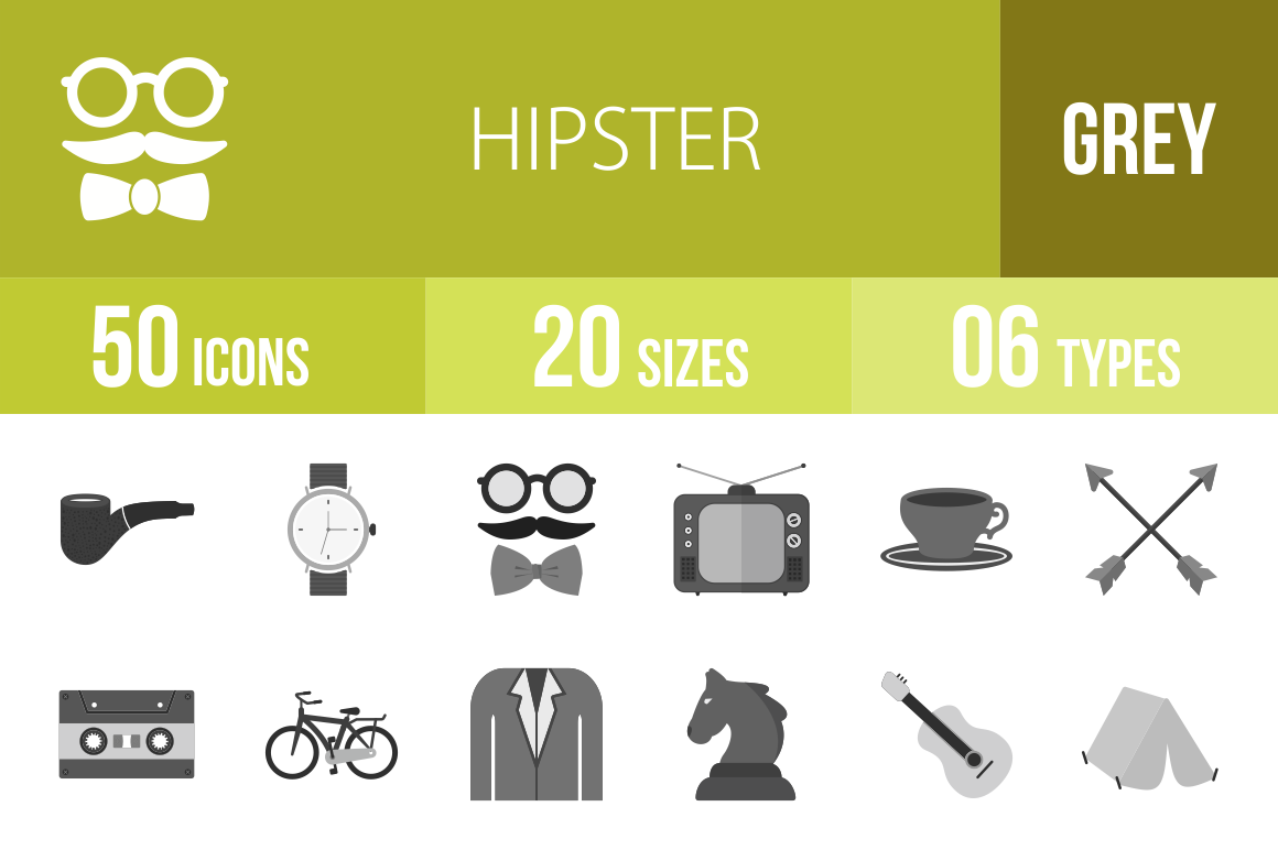 50 Hipster Greyscale Icons - Overview - IconBunny