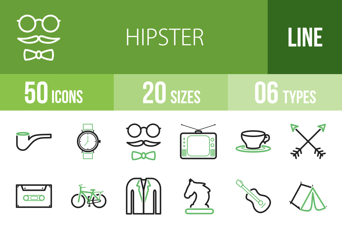 50 Hipster Line Green Black Icons - Overview - IconBunny