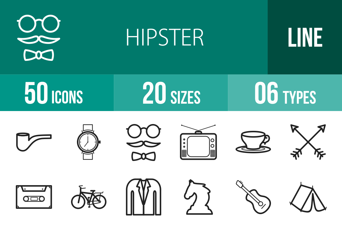 50 Hipster Line Icons - Overview - IconBunny
