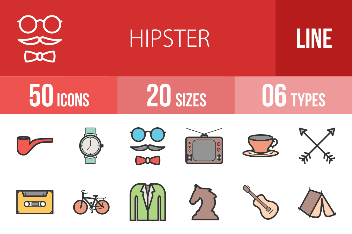 50 Hipster Line Multicolor Filled Icons - Overview - IconBunny