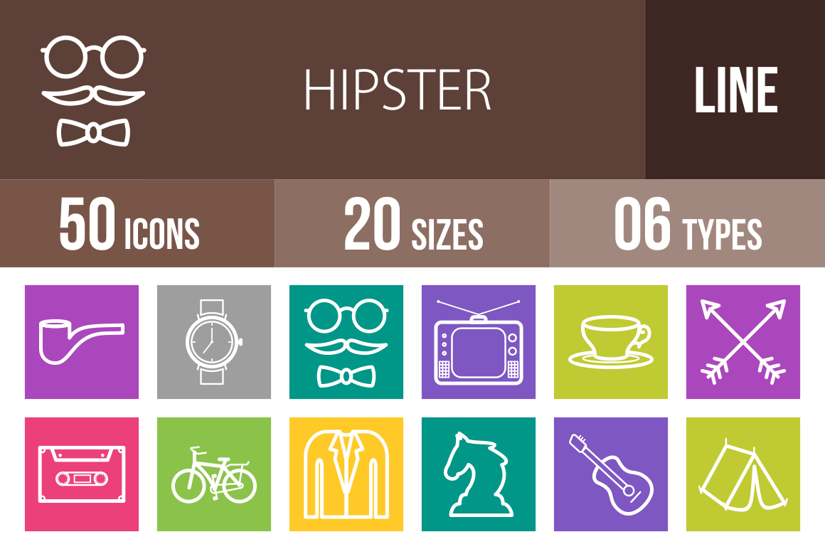 50 Hipster Line Multicolor B/G Icons - Overview - IconBunny
