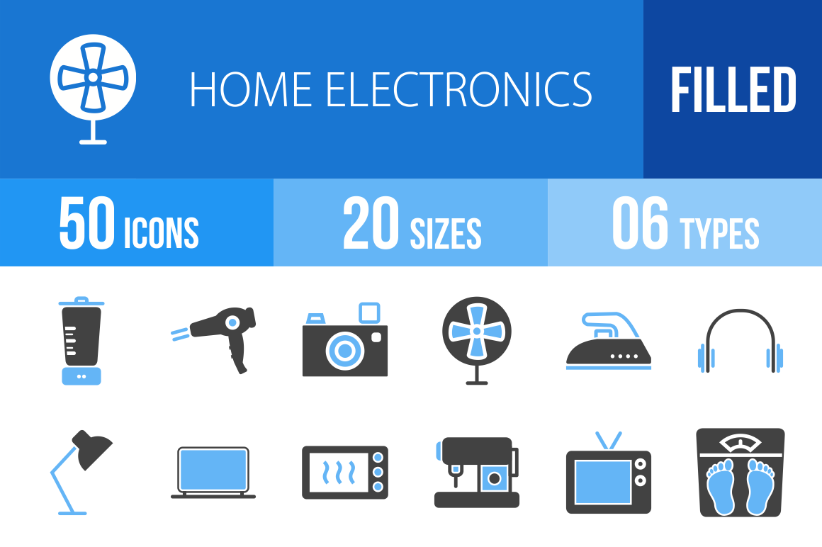 50 Home Electronics Blue & Black Icons - Overview - IconBunny