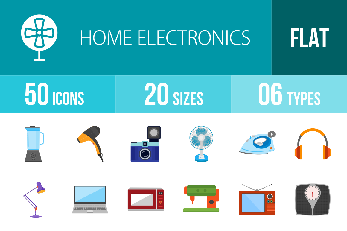 50 Home Electronics Flat Multicolor Icons - Overview - IconBunny