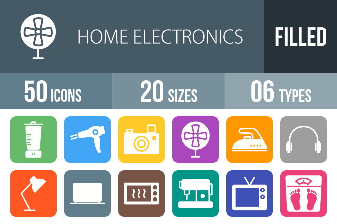 50 Home Electronics Flat Round Corner Icons - Overview - IconBunny