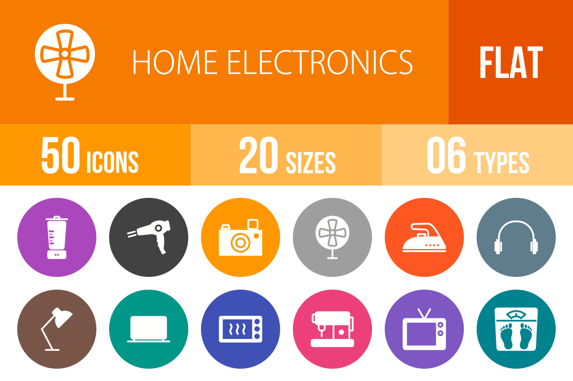 50 Home Electronics Flat Round Icons - Overview - IconBunny
