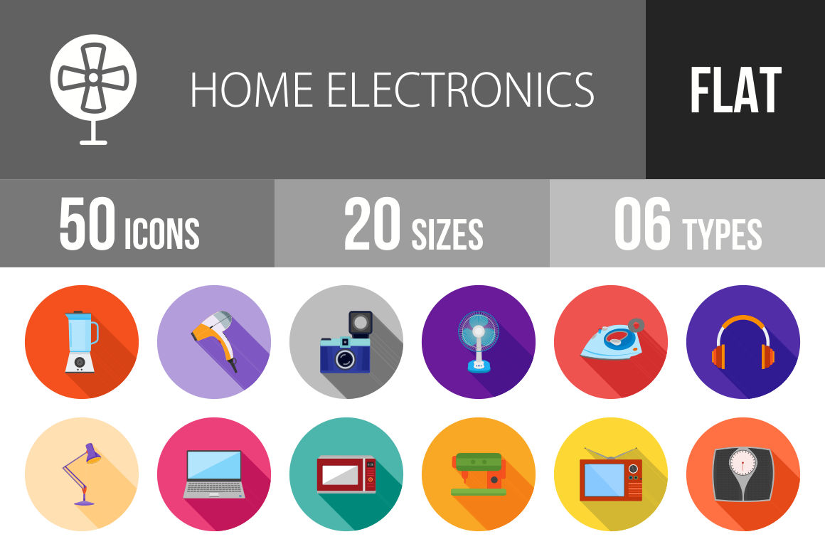 50 Home Electronics Flat Shadowed Icons - Overview - IconBunny
