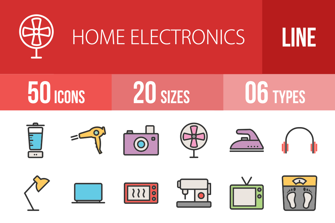 50 Home Electronics Line Multicolor Filled Icons - Overview - IconBunny