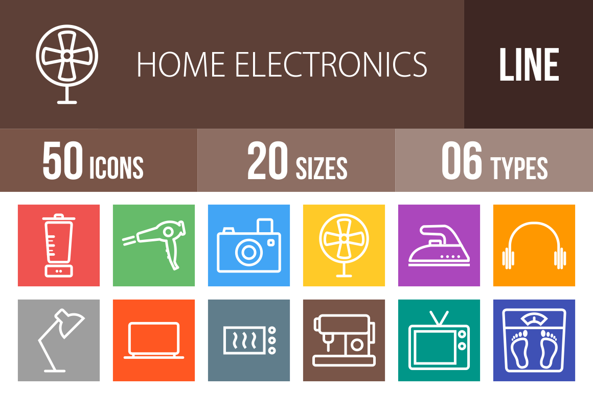 50 Home Electronics Line Multicolor B/G Icons - Overview - IconBunny