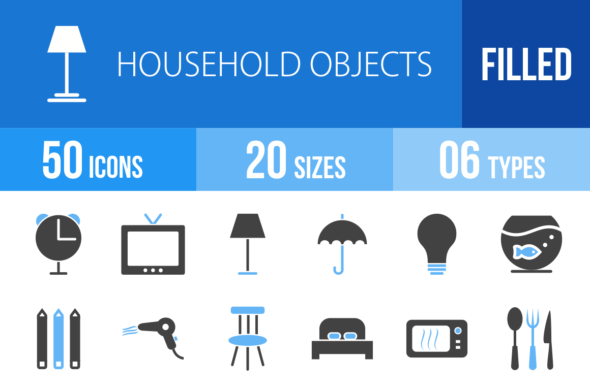 50 Household Objects Blue & Black Icons - Overview - IconBunny