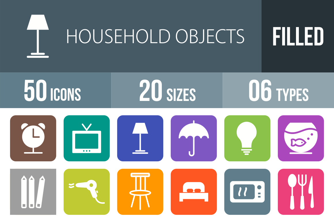 50 Household Objects Flat Round Corner Icons - Overview - IconBunny