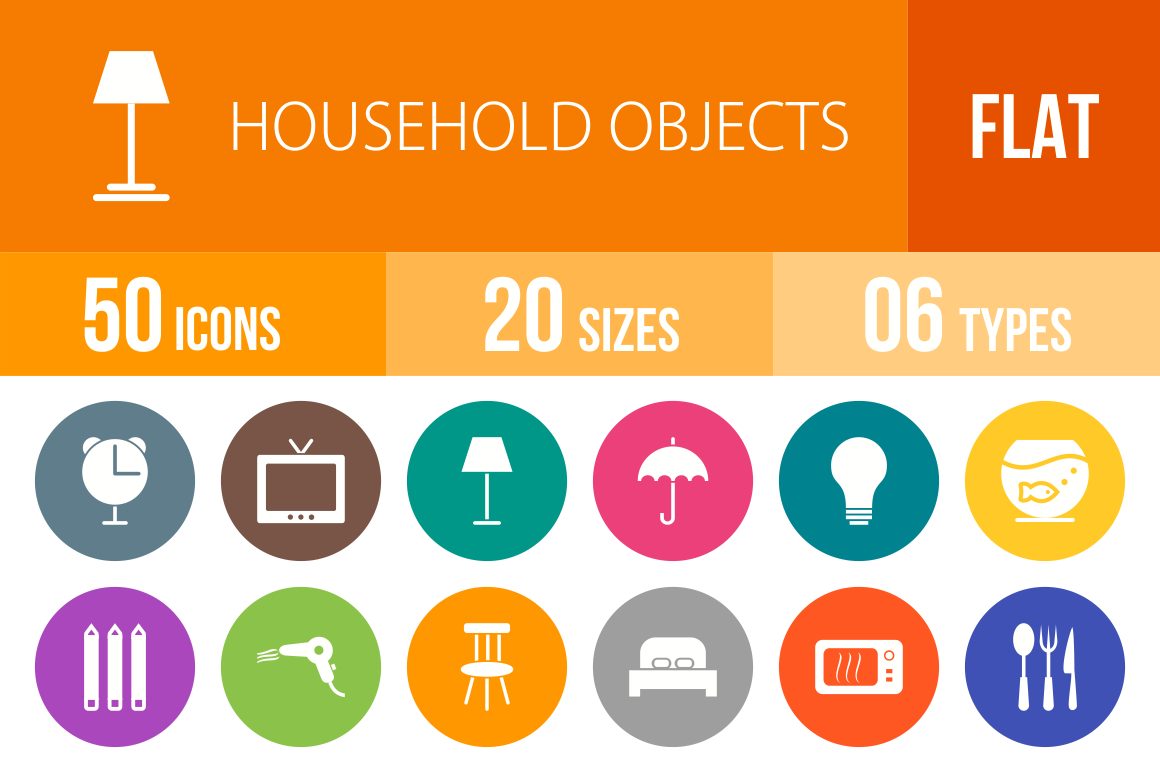 50 Household Objects Flat Round Icons - Overview - IconBunny