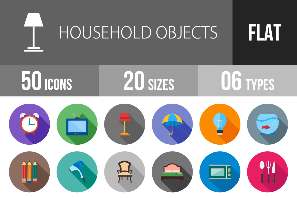 50 Household Objects Flat Shadowed Icons - Overview - IconBunny