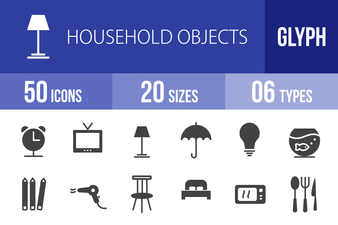 50 Household Objects Glyph Icons - Overview - IconBunny