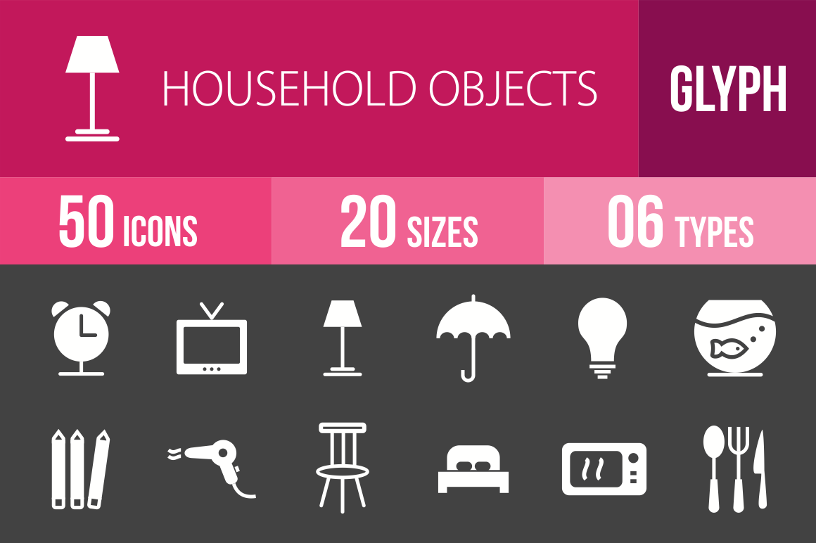 50 Household Objects Glyph Inverted Icons - Overview - IconBunny
