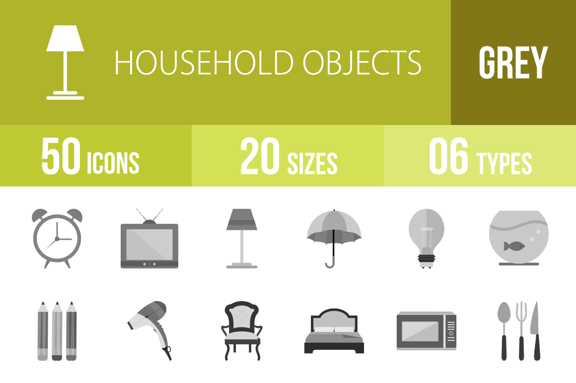 50 Household Objects Greyscale Icons - Overview - IconBunny