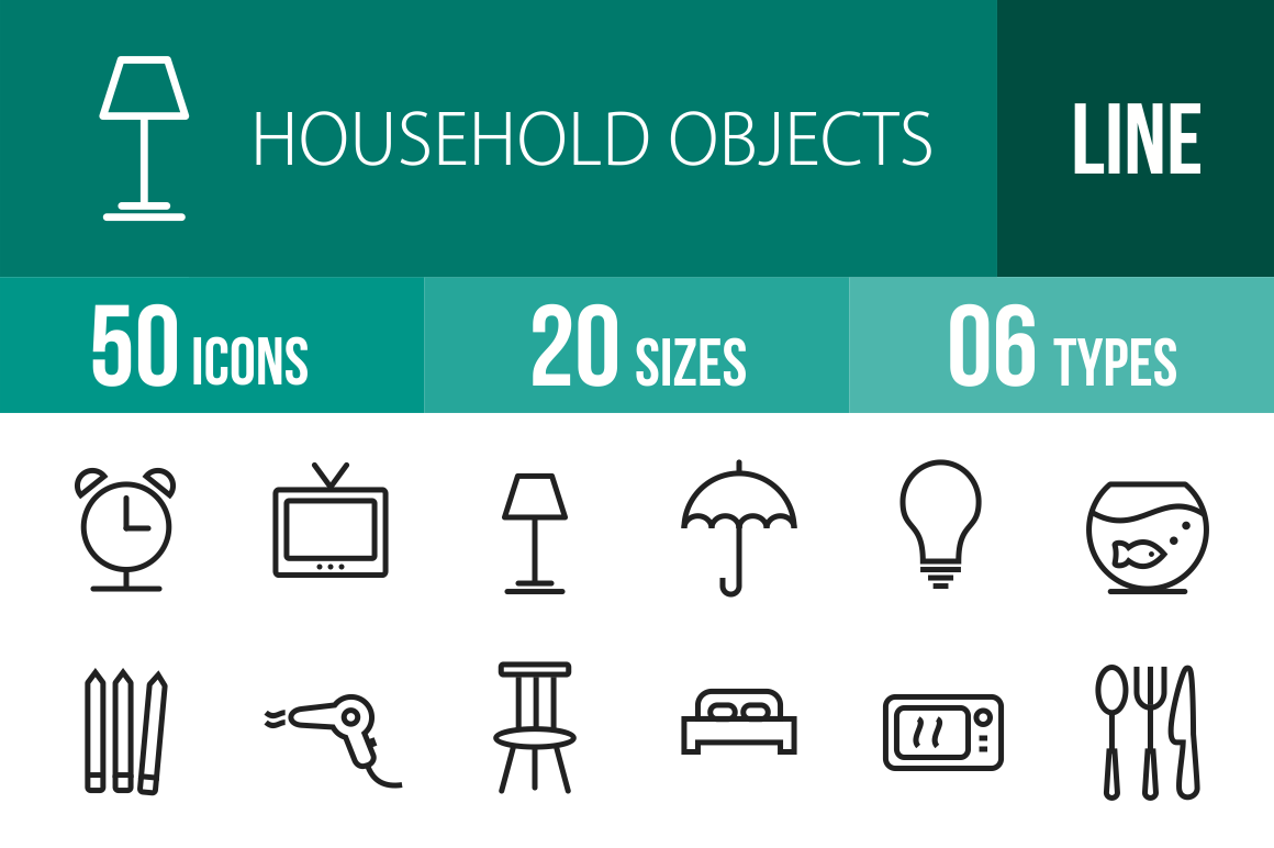 50 Household Objects Line Icons - Overview - IconBunny