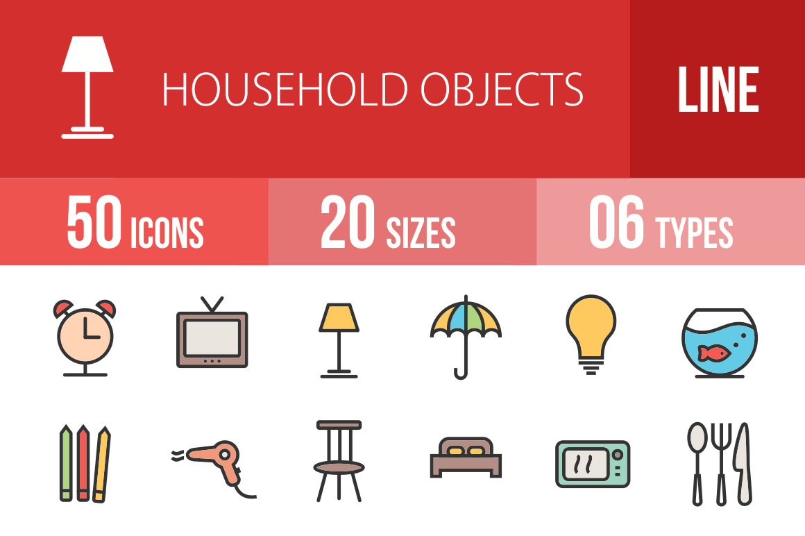 50 Household Objects Line Multicolor Filled Icons - Overview - IconBunny