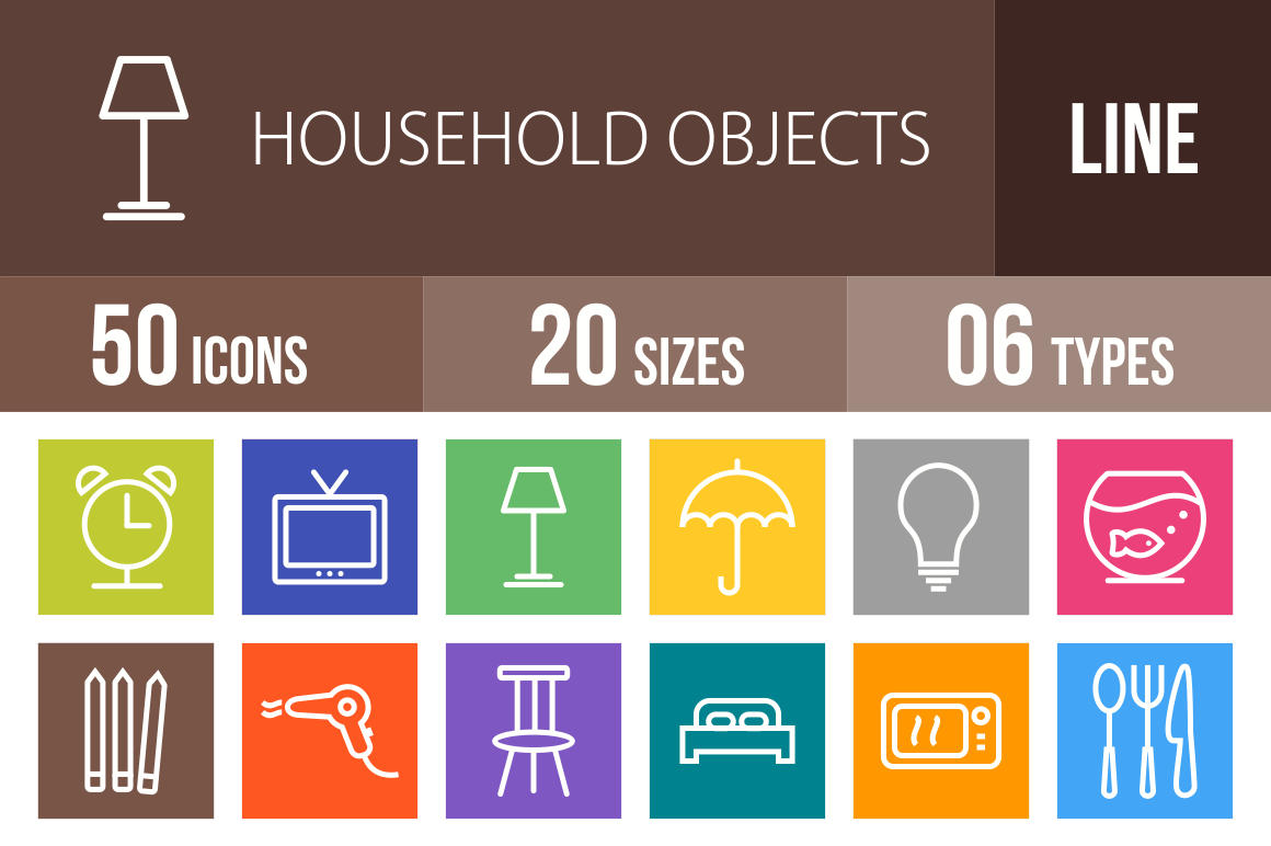 50 Household Objects Line Multicolor B/G Icons - Overview - IconBunny